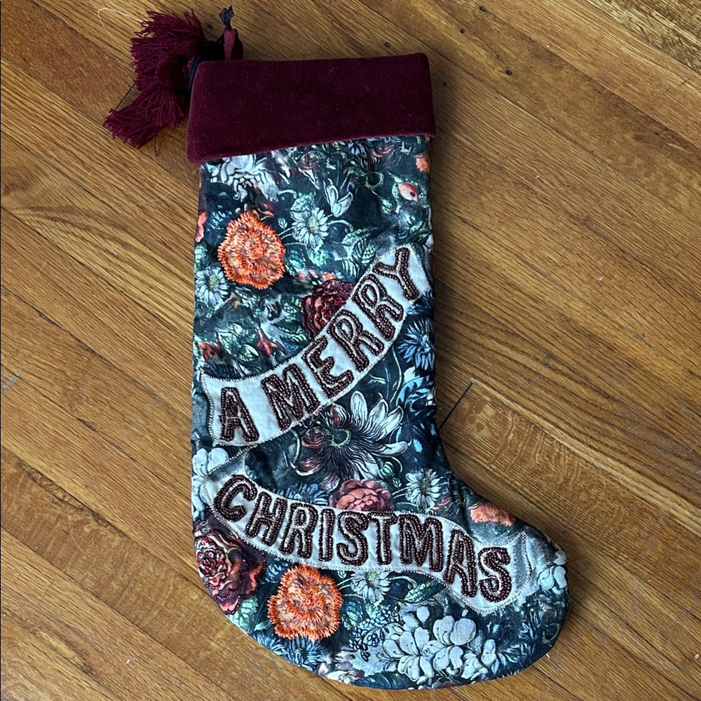 Festive Floral Christmas Stocking with Burgundy Trim